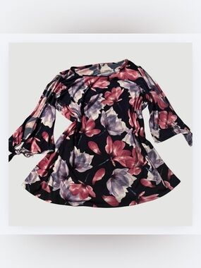 MTS Bold Floral Print Tunic, Open Arm with Wrist Tie Detail, Pink Purple, Sz L